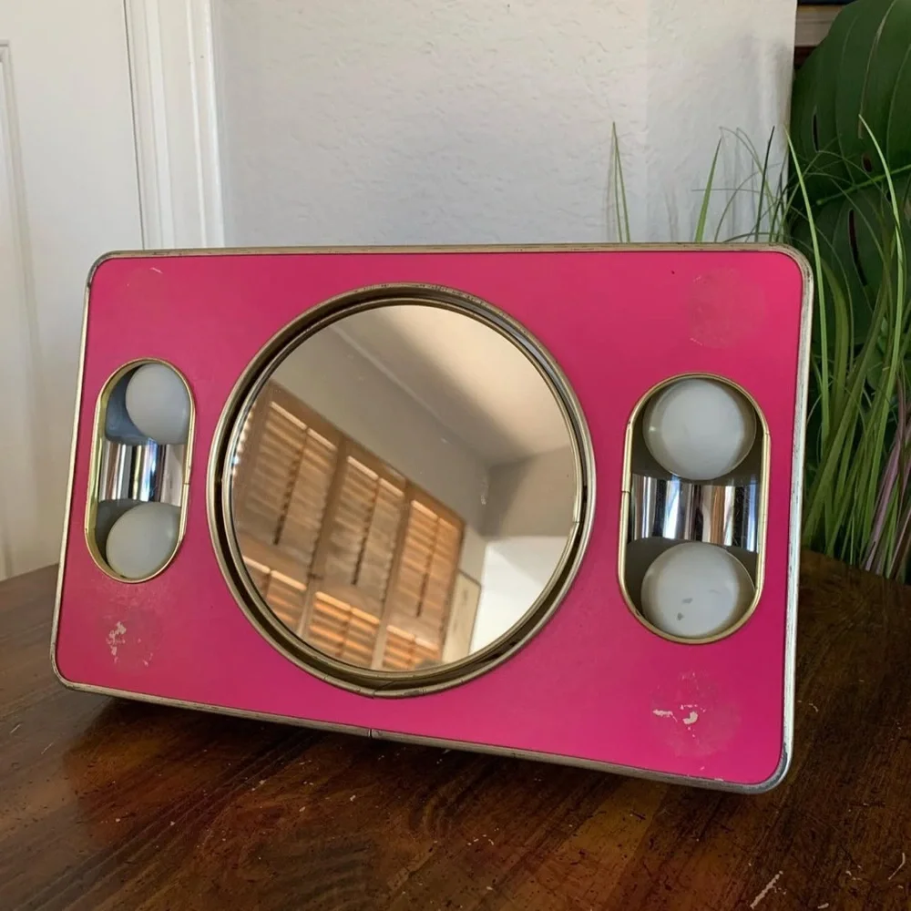 Vintage Mid Century Brytone Mod Glow Pink Portable Mirror